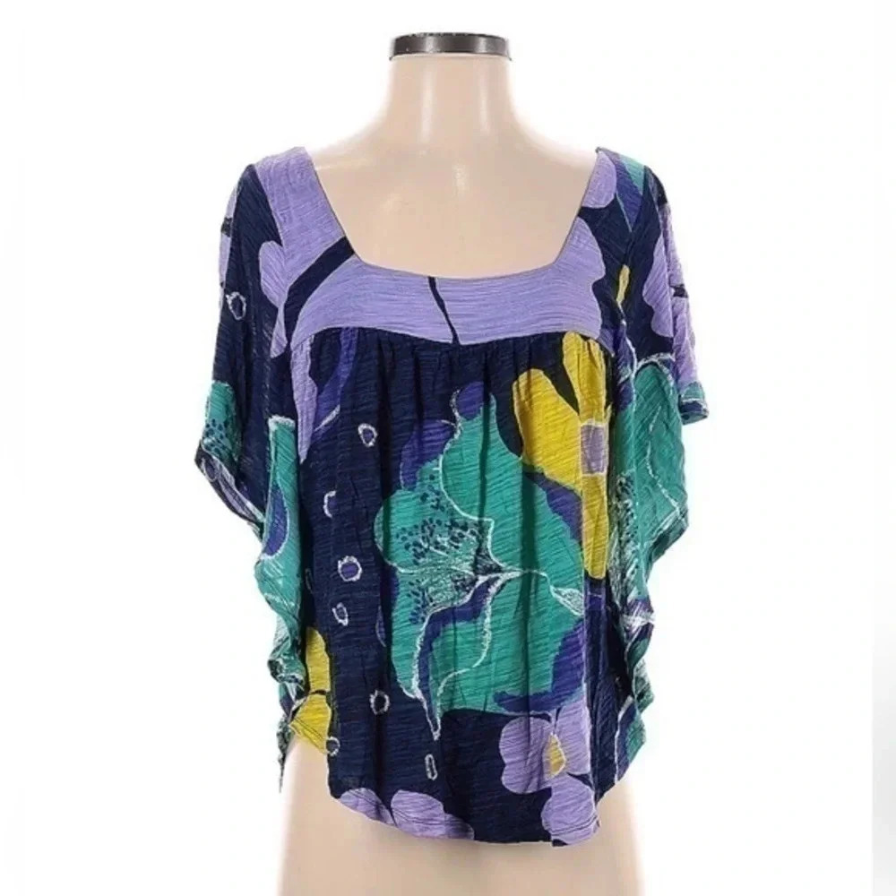 Anthropologie | Blue Purple Tropical Floral Short Sleeve Bohemian Blouse Size XS